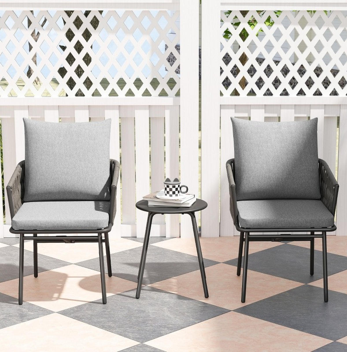 GARTENMÖBEL 3-teilig,40×40×49cm,Rattan abnehmbar Kissen und Tisch - Grau, Metall - Modfu