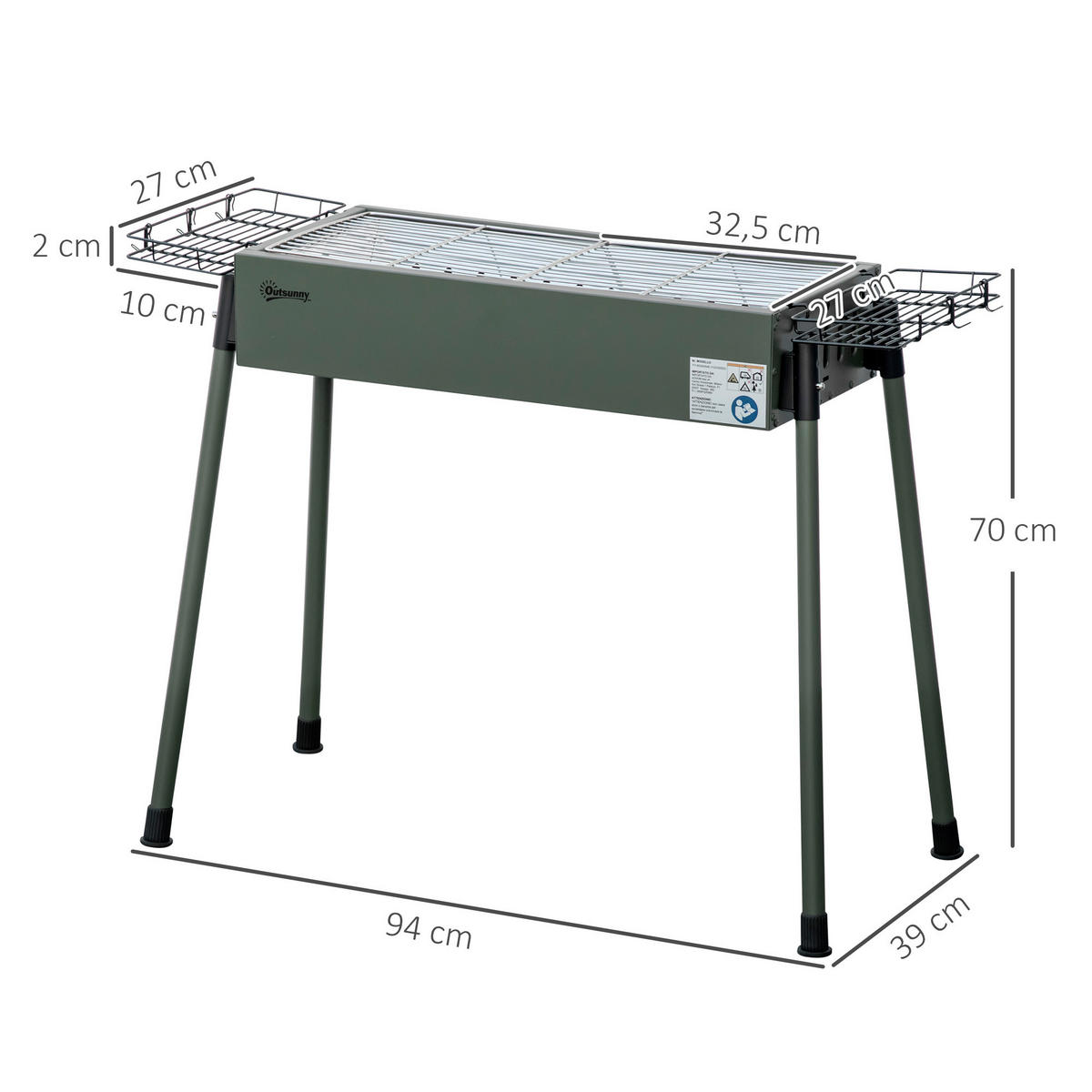 HOLZKOHLEGRILL DE-18259 tragbar mit 2 Grillrosten & 2 Seitenablagen - Dunkelgrün, Metall (39/70/94cm) - ComfortXL