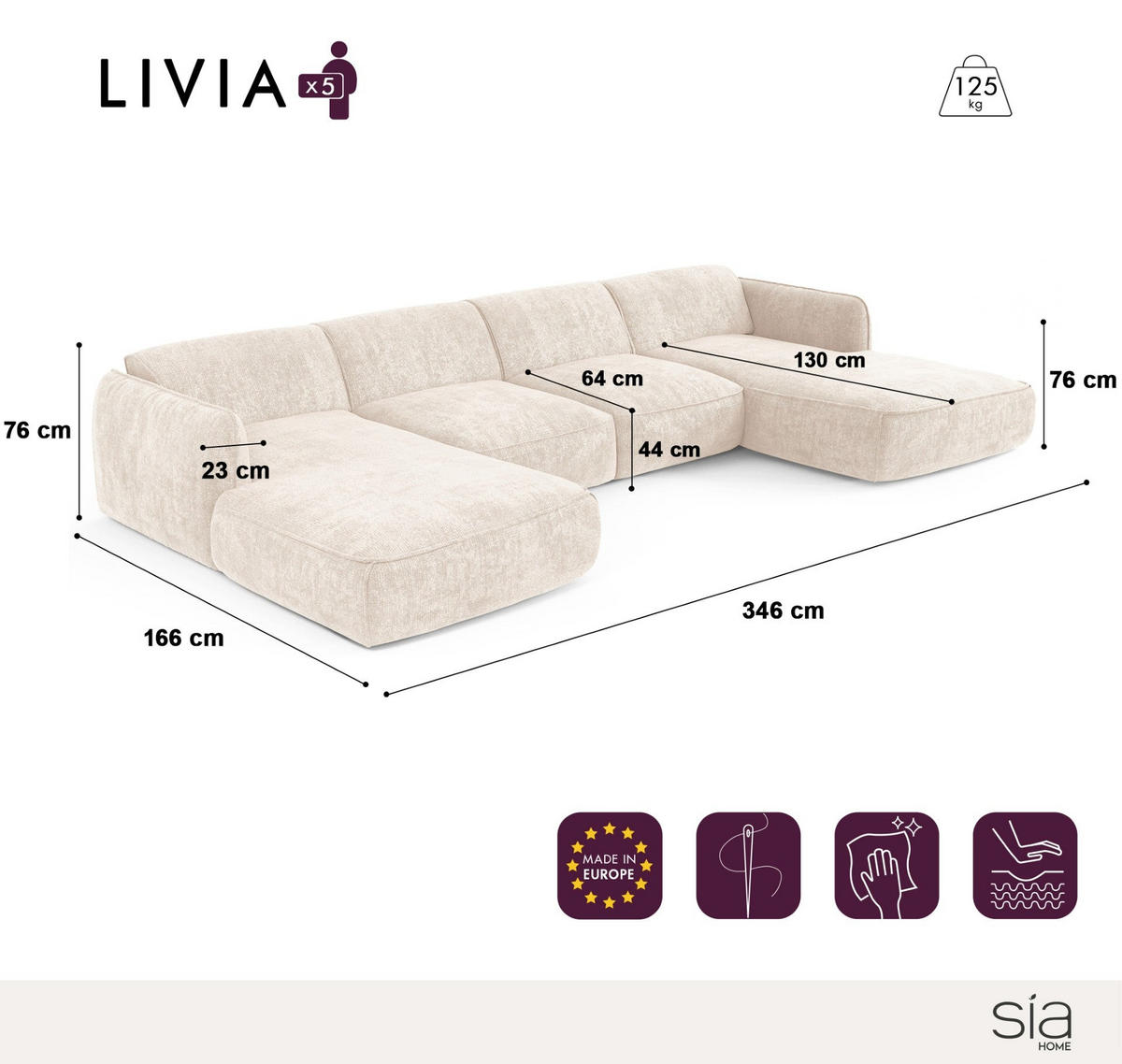 WOHNLANDSCHAFT Rastervelours Creme 346cm - Creme, Textil (346/76/166cm) - Sia Home