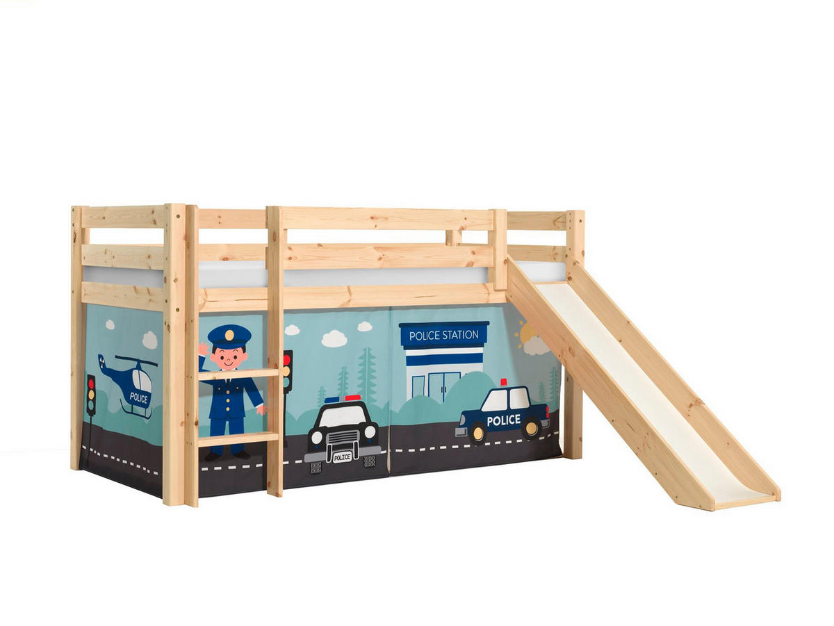 HOCHBETT mit Rutsche Karolina Massivholz Natur Textilset Polizei - Kieferfarben/Hellblau, Holz (90/200cm) - 58aufmkessel