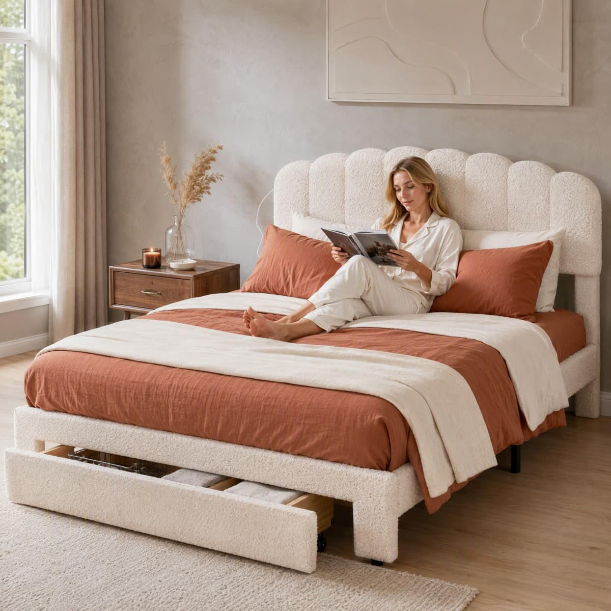 POLSTERBETT 160x200cm beigefarbenes Teddybär-Plüsch-Doppelbett mit USB-Anschluss und Schubladen. - Beige, Textil (160/200cm) - CASIVA