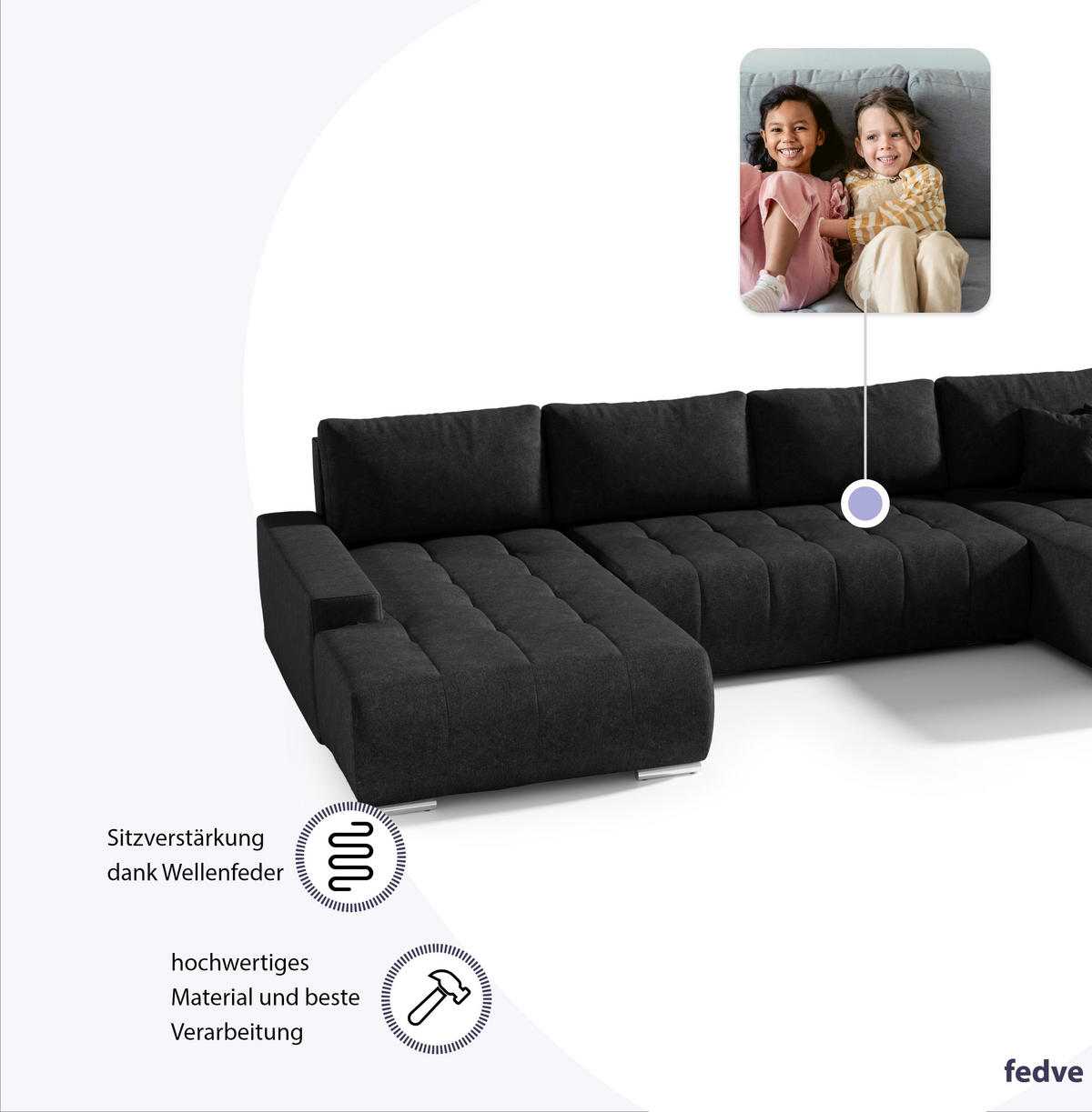WOHNLANDSCHAFT mit Schlaffunktion Dhaka U, Schwarz - Schwarz, Textil (185/85/350cm) - Fedve