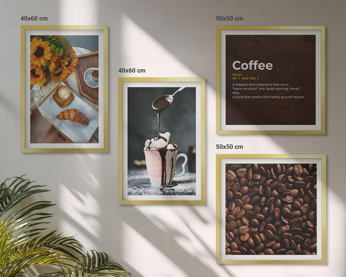 WANDBILDER 4er Set - 50x50 cm & 40x60 cm Goldrahmen - Italienische Frühstückskaffeebohnen - Goldfarben, Kunststoff (50/50cm) - ArtPrintCave