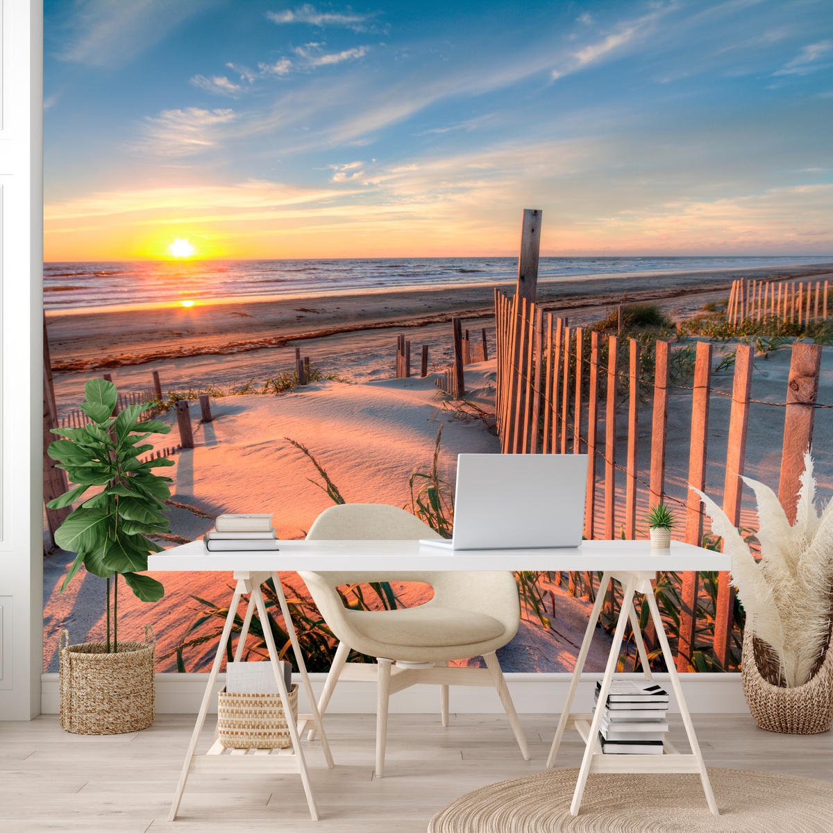 FOTOTAPETE für Wohnzimmer Sonnenaufgang Strand Meer Wellen Dünen 450x315 - Blau/Gelb, Papier (450/315cm) - Muralo