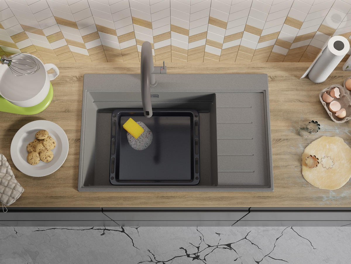 GRANITSPÜLE Sydney, 2-er set Grau 78/50 cm 1 Becken + Küchenarmatur 38/14 cm + Ablauf-Set + Küchenzubehörset ab 60er Unterschrank - Chromfarben/Beige, Kunststoff (78/20/50cm) - Primagran