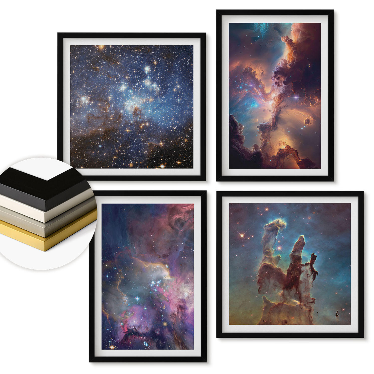 WANDBILDER 4er-Set - 50x50 cm & 40x60 cm Schwarzer Rahmen - Kosmische Sternenlandschaften - Schwarz, Kunststoff (50/50cm) - ArtPrintCave