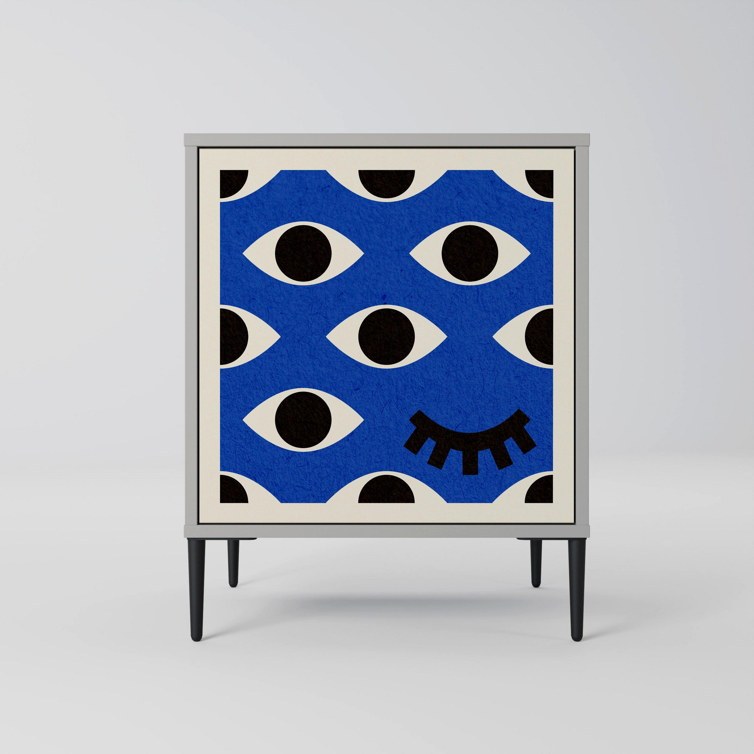 SIDEBOARD GEOMETRIC EYES, Grau, 57,5x42x72,5 cm, Schwarze Metallfüße - Multicolor/Schwarz, Holzwerkstoff/Metall (57.5/72.5/42cm) - SpaceRebels