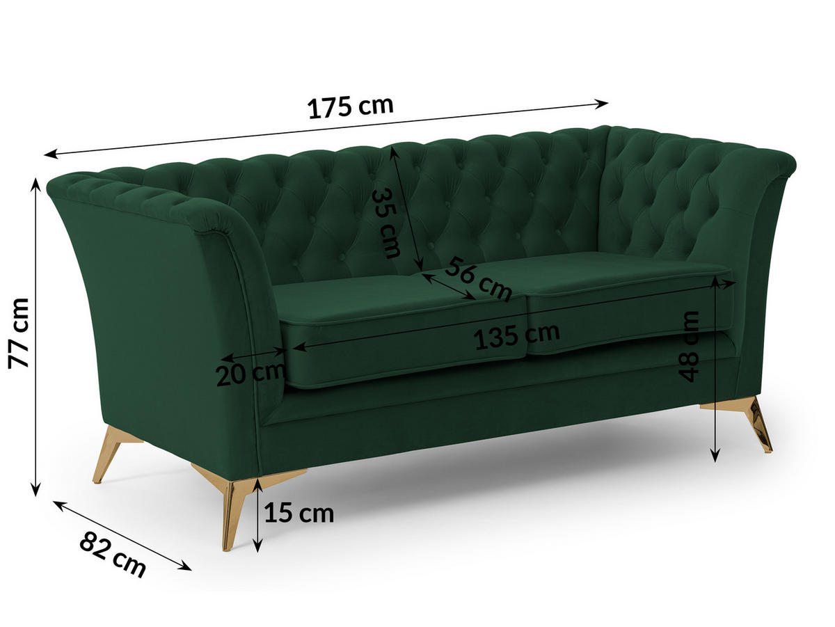 SITZGARNITUR 3+2+1 Chesterfield Whitby Flaschengrün Samt mit goldenen Füßen - Dunkelgrün/Goldfarben, Holz/Textil (237/78/82cm) - S-Style Möbel