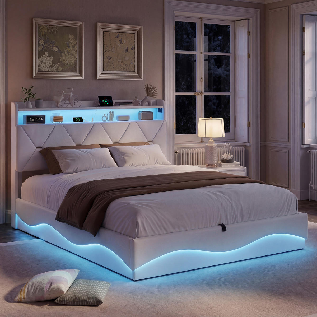 POLSTERBETT 140/200 cm Beige, Doppelbett mit Bettkasten, LED und USB - Beige, Holz/Textil (140/200cm) - PARAFTA HOME