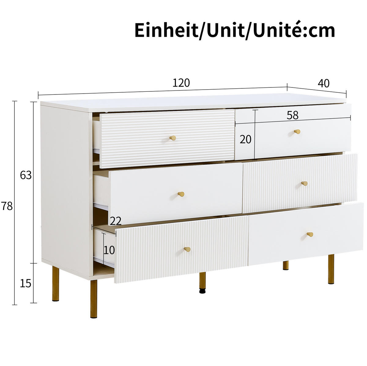 KOMMODE mit 6 Schubladen, MDF mit Stahlbeinen, 120/40/78 cm, Weiß - Weiß, Holzwerkstoff (40/78/120cm) - Redom
