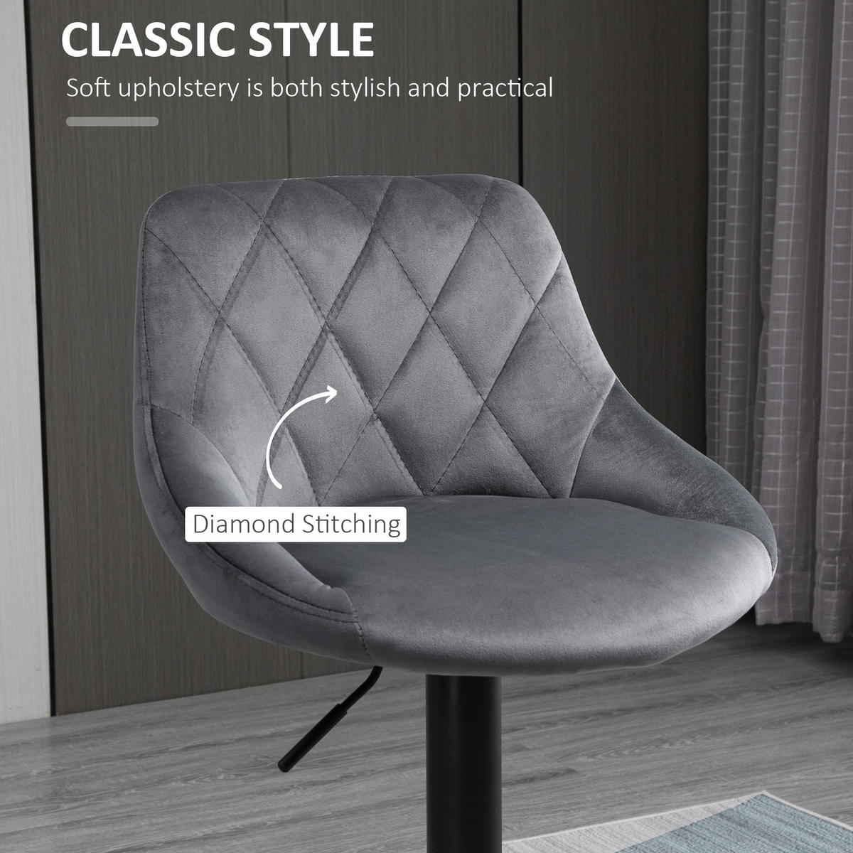 BARHOCKER 2er Set Höhenverstellbar Drehbar Barstühle mit Samtoptik, Dunkelgrau - Dunkelgrau/Schwarz, Textil/Metall (46/104/48cm) - HOMCOM