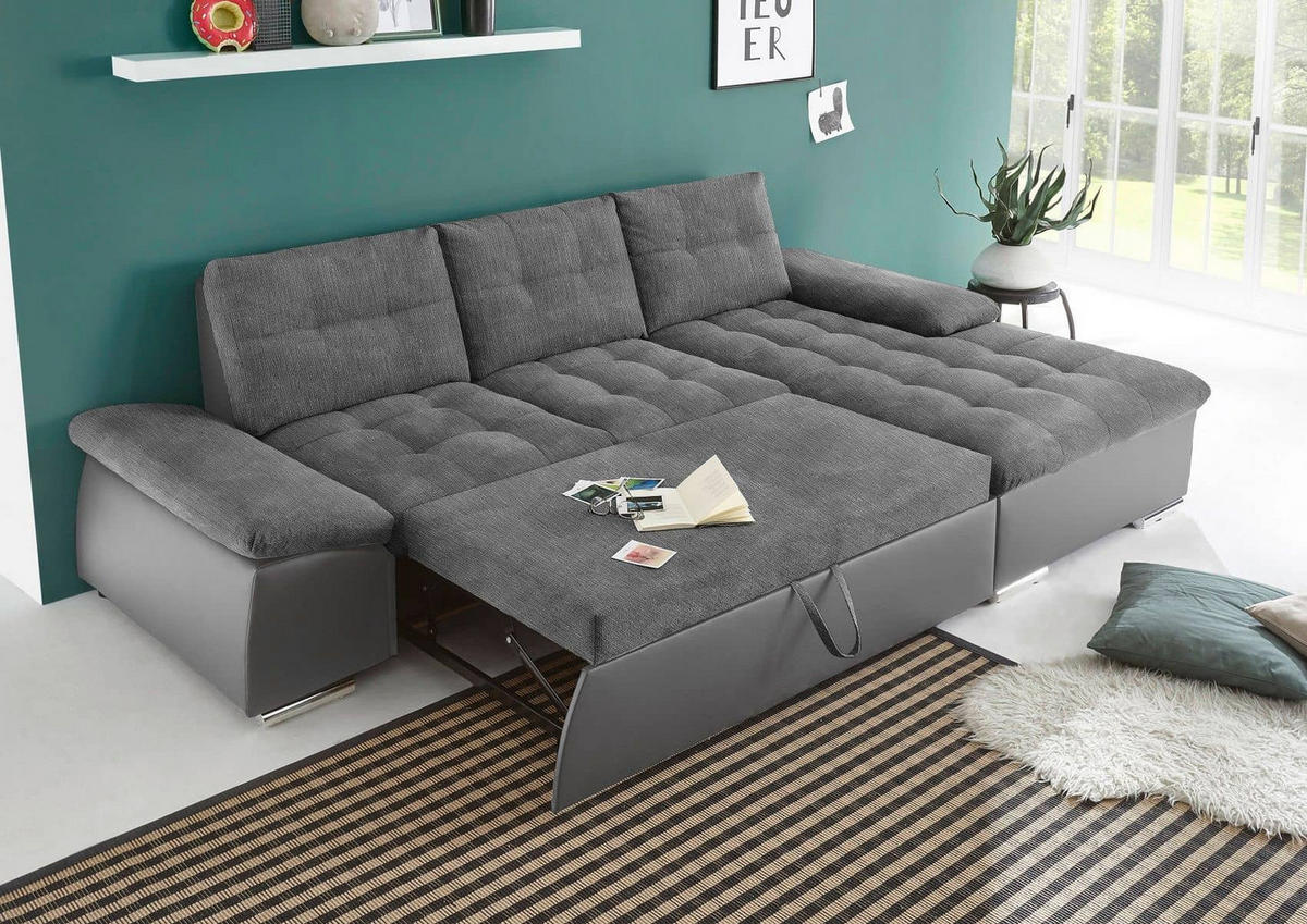 ECKSOFA mit Schlaffunktion und verstellbaren Armlehnen - Chromfarben/Grau, Kunststoff/Textil (170/268cm) - ed exciting design