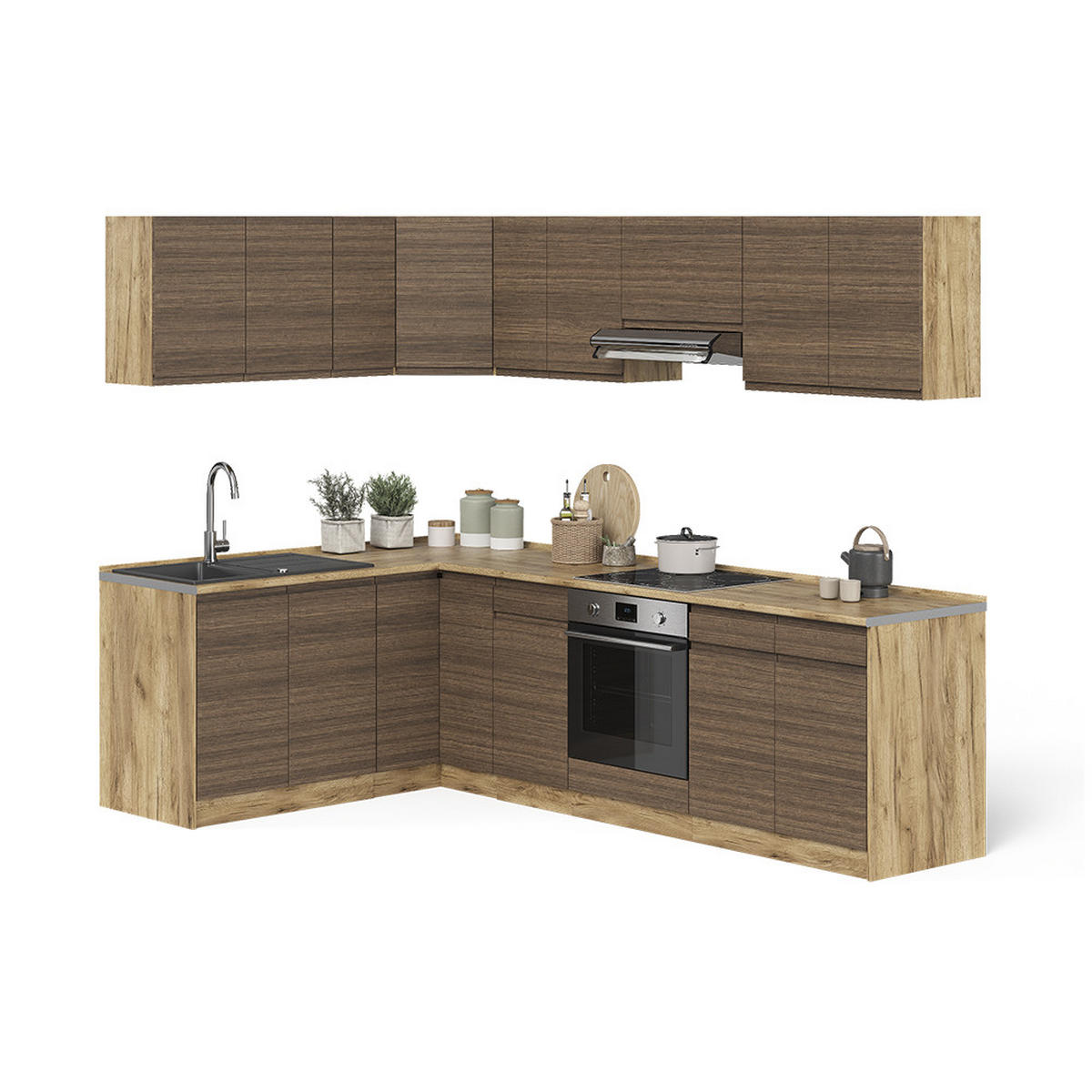 ECKKÜCHE R-Line, Tabak-Walnuss/Goldkraft Eiche, 267 x 167 cm - Eichefarben/Walnussfarben, Holzwerkstoff (267/81.6/60cm) - Vicco