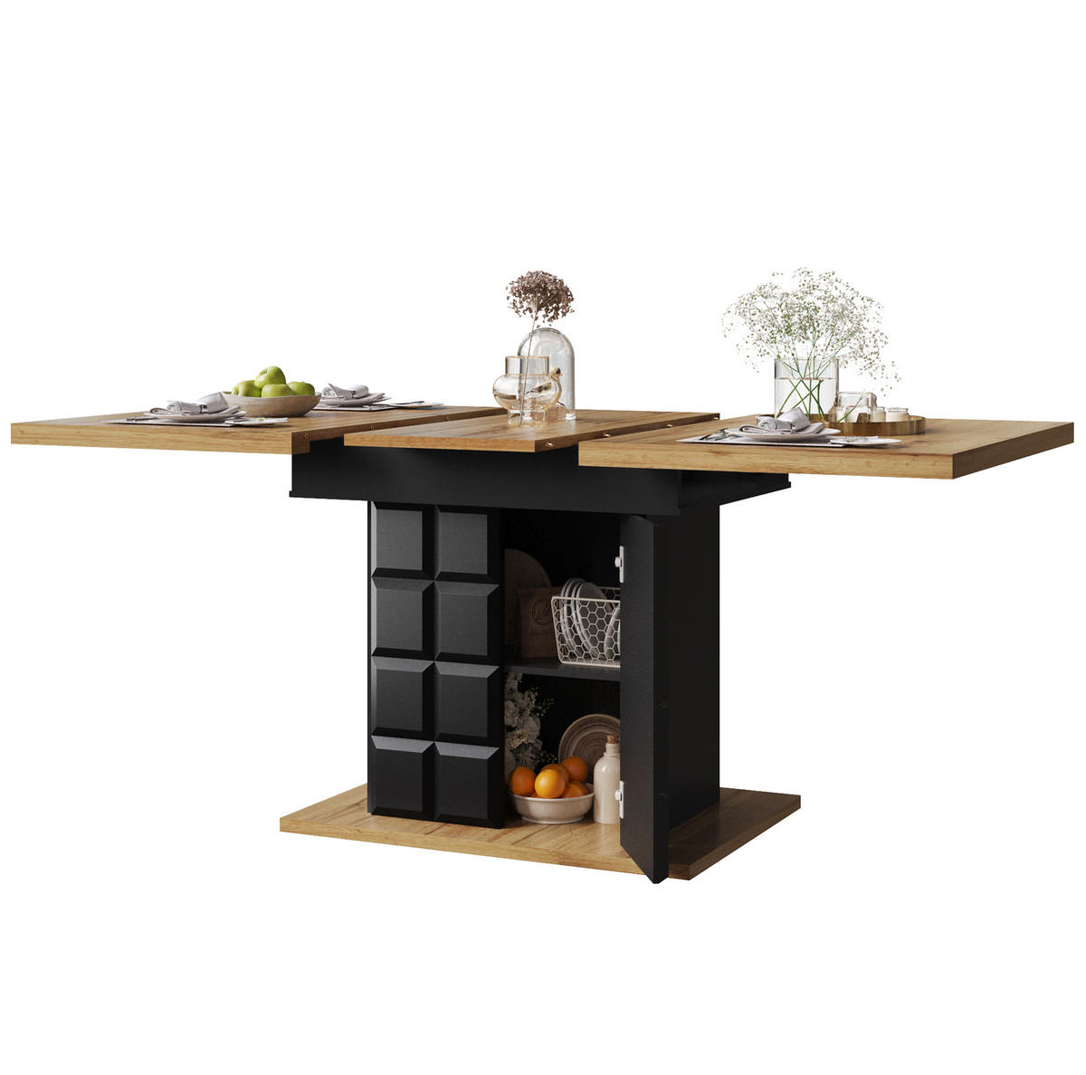 ESSTISCH 110-140/80/75 cm in Schwarz/Natur aus MDF mit Stauraum - Schwarz, Holzwerkstoff (110/80/75cm) - Flora Grace