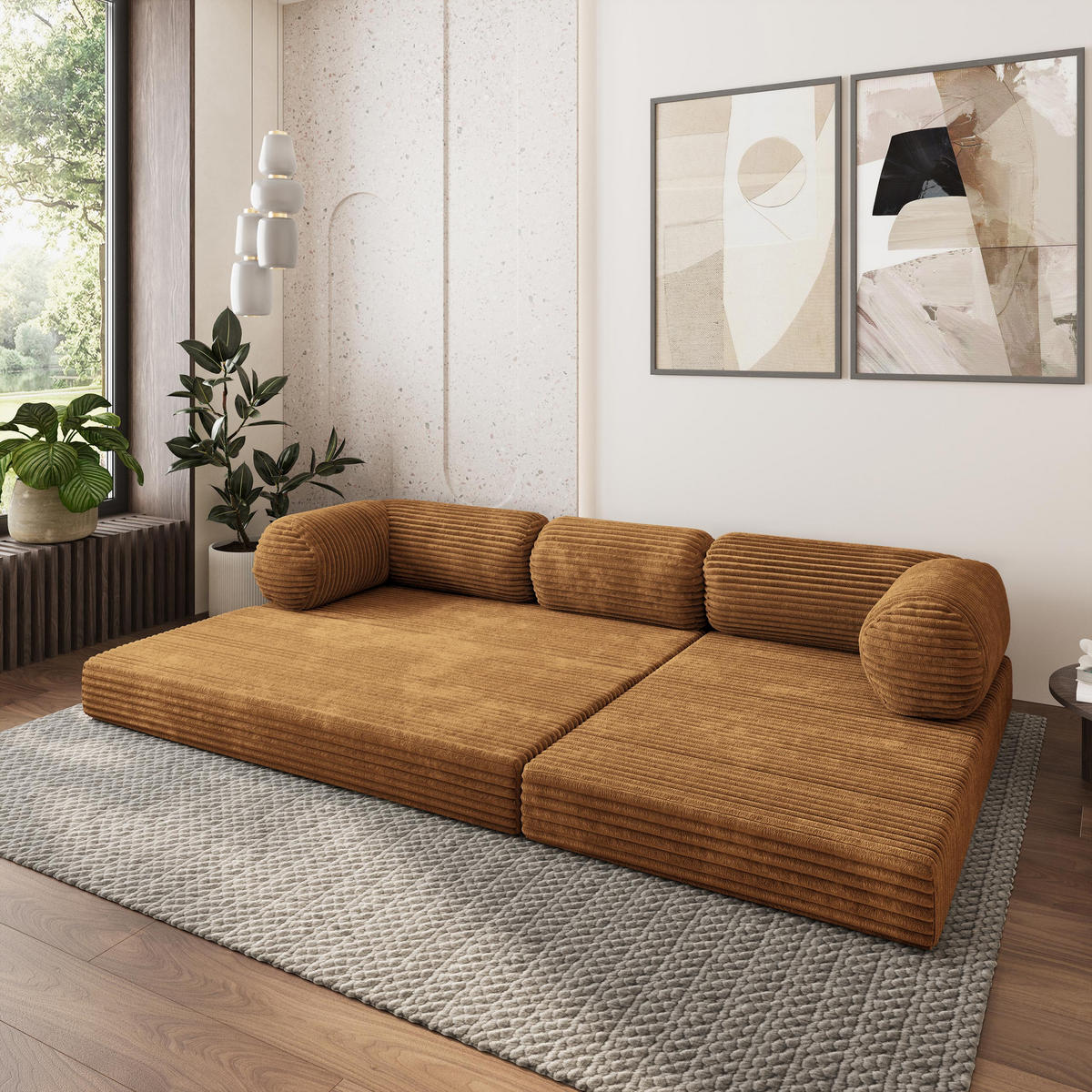 ROHOVÁ SEDAČKA ETERA modulární Boneless pohovka s funkcí spaní, měděná TILIA 56 - pomerančová, textil (270/160cm) - MASSENO
