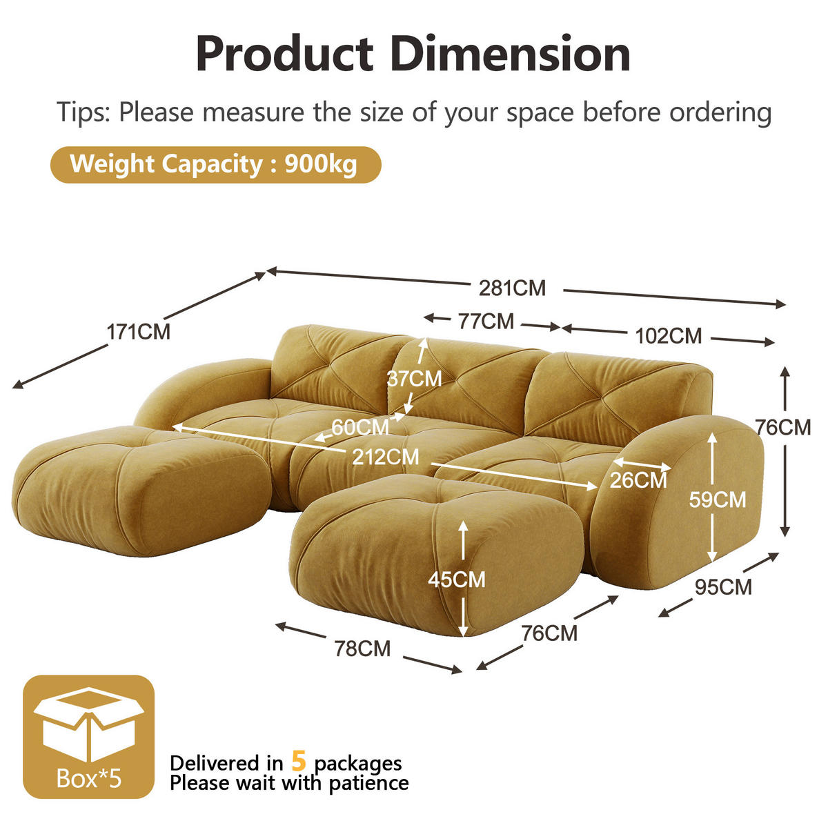 MODULSOFA U-Form 3-Sitzer mit 2 Hockern Chenille Gelb - Gelb, Kunststoff (171/76/281.1cm) - Meubliv