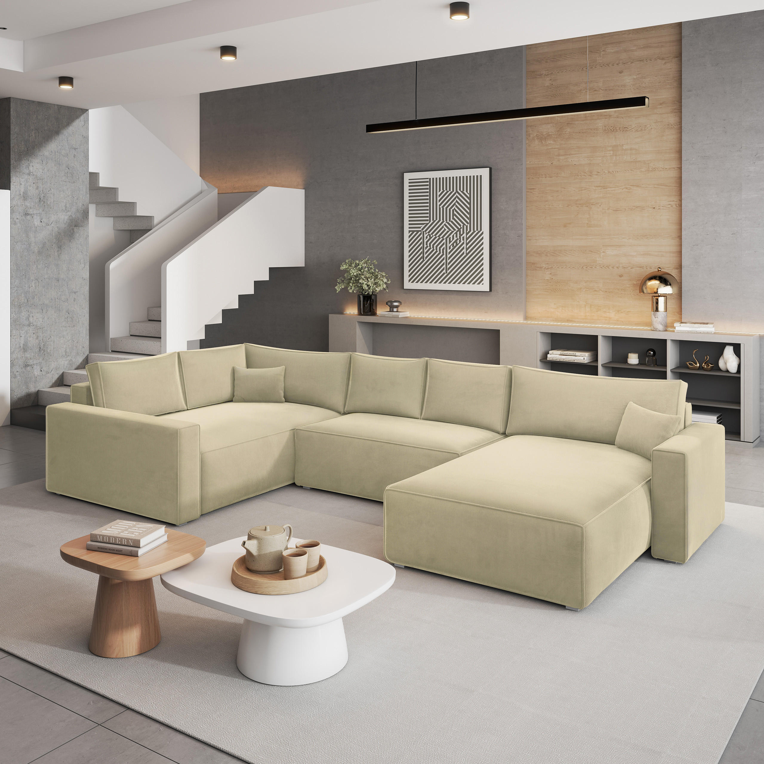 WOHNLANDSCHAFT VELAMI L-S Creme Velours-Stoff mit Schlaffunktion - Creme, Holz (365/83/194cm) - MASSENO