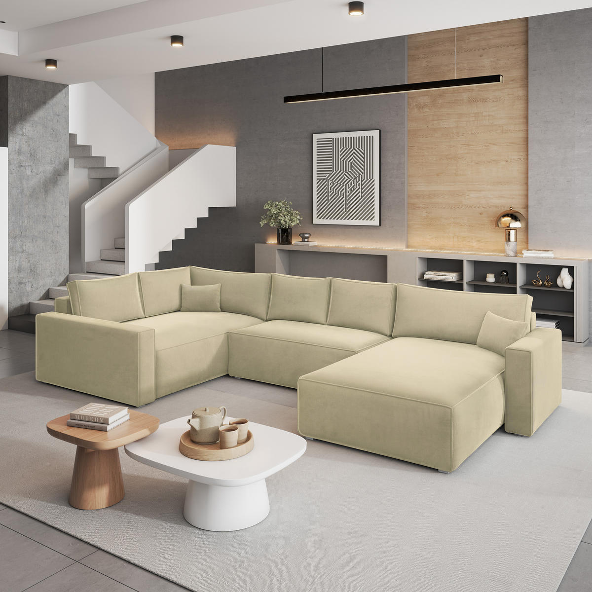 WOHNLANDSCHAFT VELAMI L-S Creme Velours-Stoff mit Schlaffunktion - Creme, Holz (365/83/194cm) - MASSENO