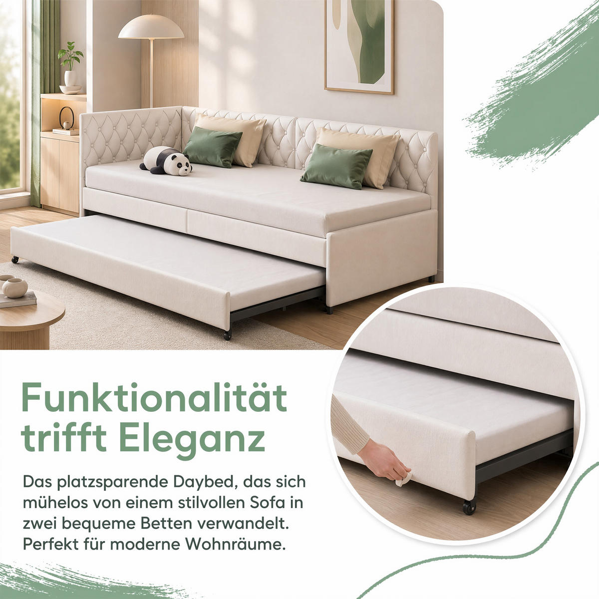 SCHLAFSOFA 2 sitzer, ausziehbar zum Bett 90/180x200, mit Lattenrost, Samt Beige, für das Wohnzimmer - Beige, Holz/Textil (96/70/205cm) - GENKI LIVING