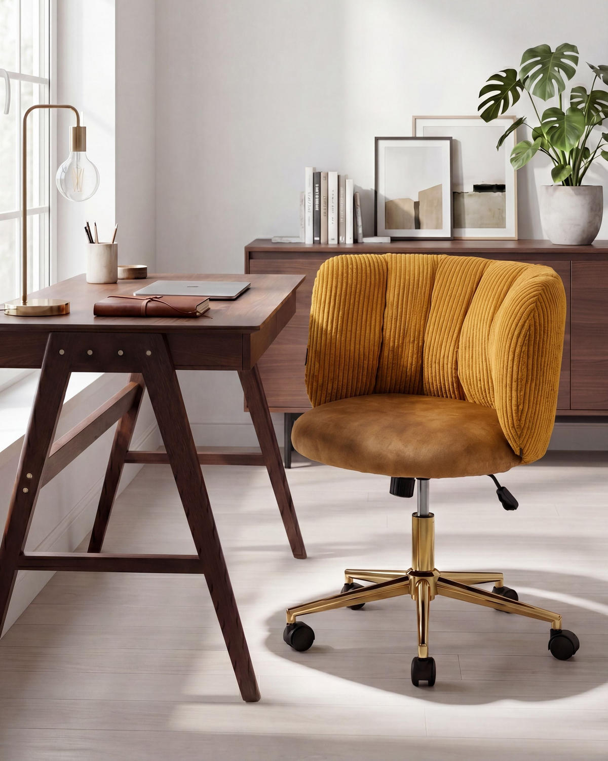 SCHREIBTISCHSTUHL Cord Senfgelb Pelora - Gelb, Textil (64/76/60cm) - Beliani