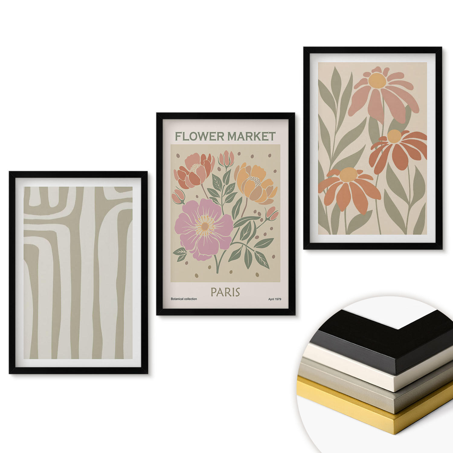 WANDBILDER 3er-Set - 40x60 cm Schwarzer Rahmen - Botanische Motive, Pariser Minimalismus - Schwarz, Kunststoff (40/60cm) - ArtPrintCave