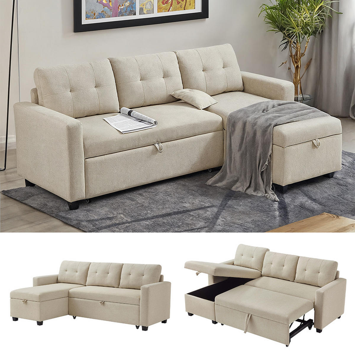 SOFA L-FORM Campina Beige 226 x 163 cm mit Schlaffunktion - Beige, Holz (226/163cm) - VitaliSpa