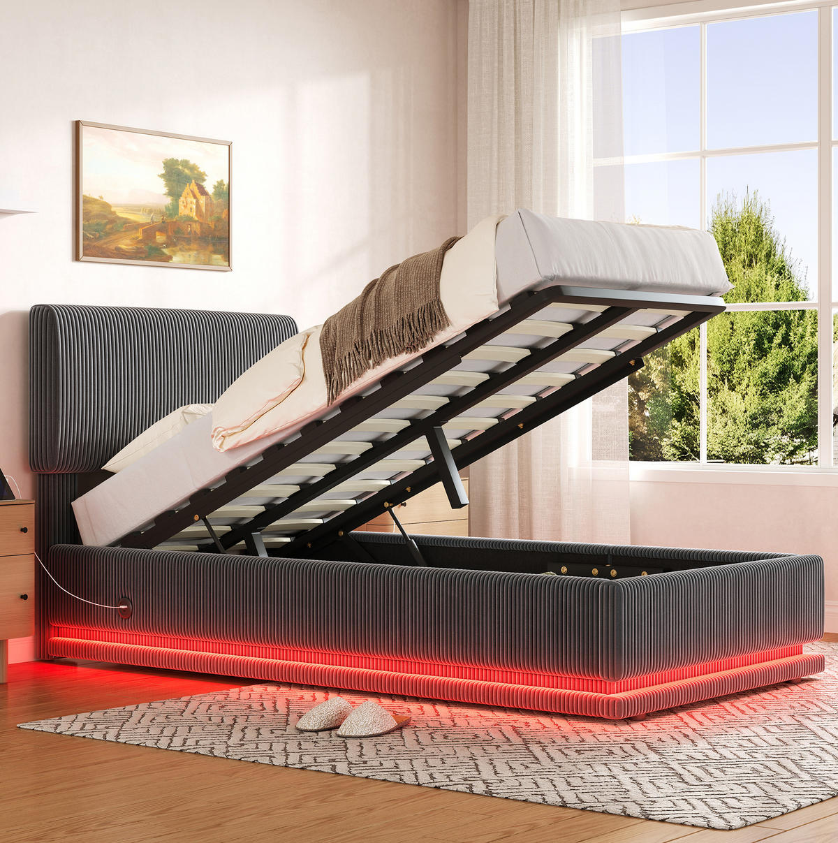 POLSTERBETT 90/200 cm mit LED-Beleuchtung, USB-C-Anschluss und Bettkasten, Dunkelgrau - Dunkelgrau, Textil (90/200cm) - Redom