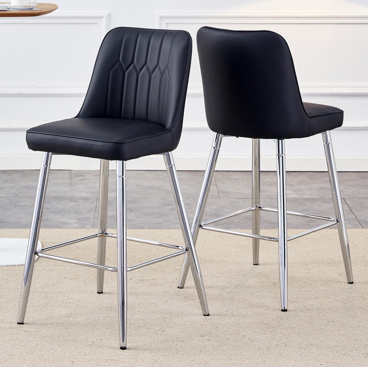 BARHOCKER 2er-Set 100 cm PU-Leder Schwarz Silber - Silberfarben, Metall (45/100/42cm) - Meubliv