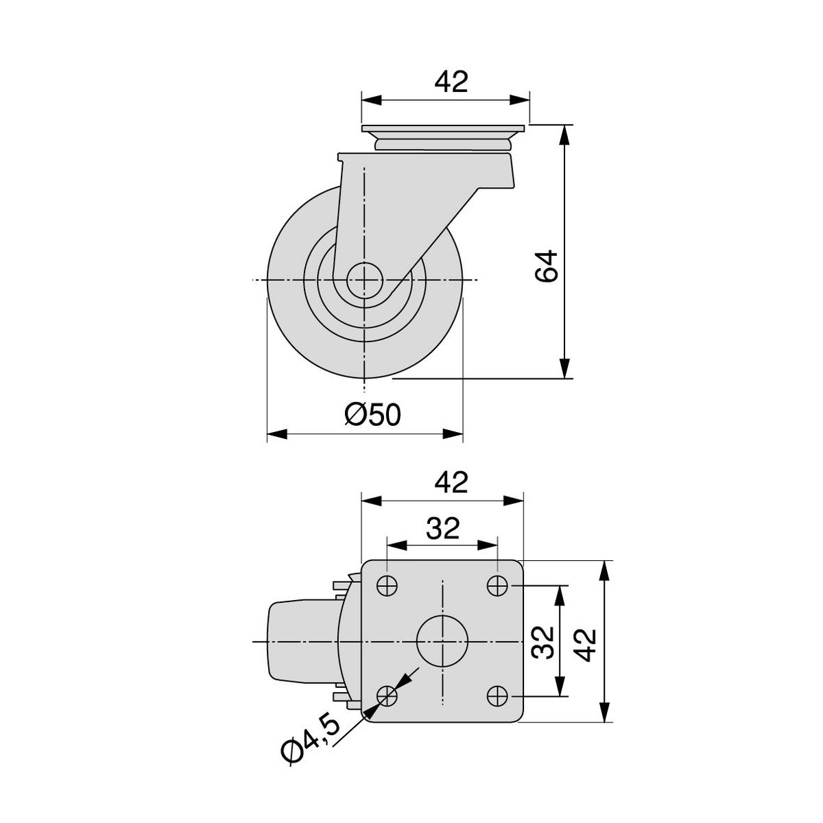 ROLLEN Slip mit Montageplatte, Durchmesser 50mm, Stahl und Kunststoff, Grau 4er-set - Grau, Metall (20/5/18cm) - EMUCA