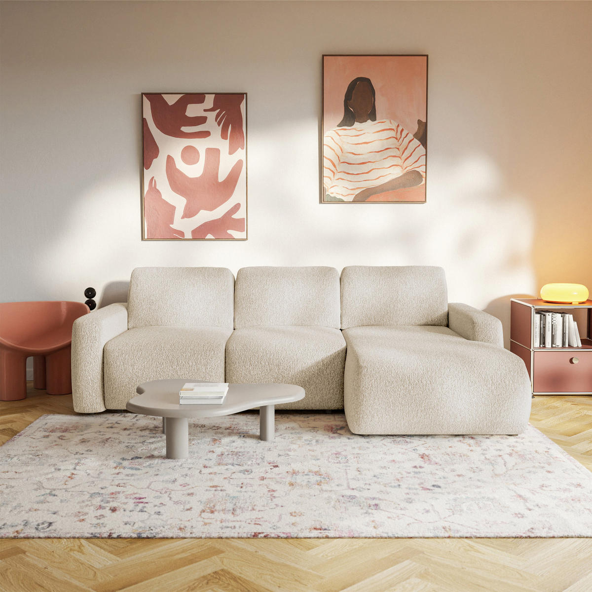 ECKSOFA Carnos Mini Hellbeige Chenille - Ecru/Schwarz, Kunststoff/Textil (164/238cm) - Selsey