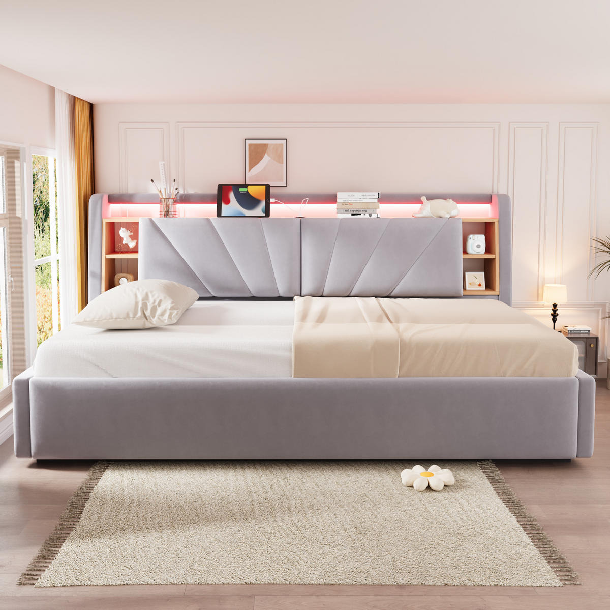POLSTERBETT 90*200 cm mit LED, USB und Stauraum, Hellgrau - Hellgrau, Textil (90/200cm) - FLIEKS