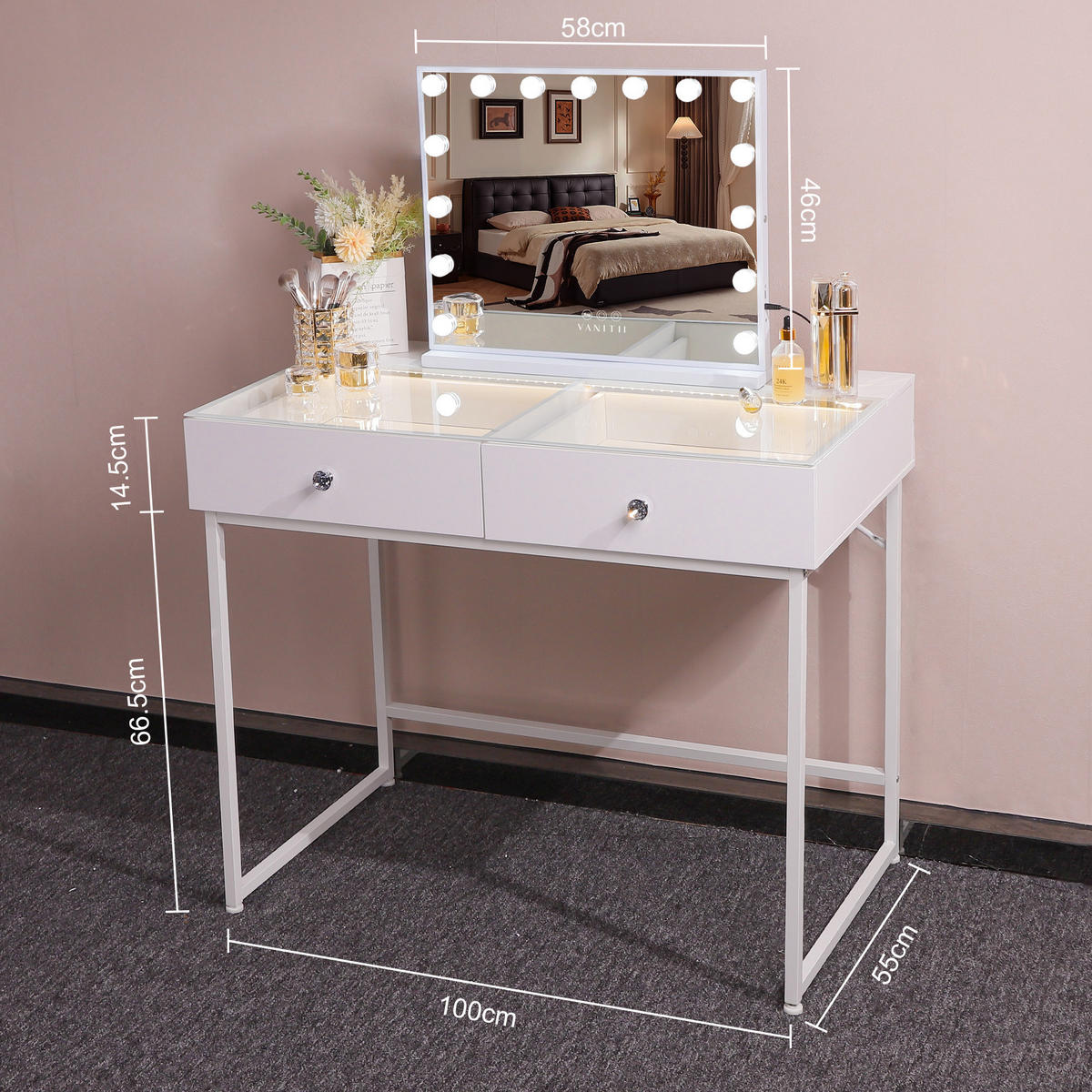 SCHMINKTISCH mit 2 Schubladen 100/55/81 CM und LED Beleuchtung Schminkspiegel Lichtleiste weiß 58/46 cm - Weiß, Holz (55/81/100cm) - VANITII