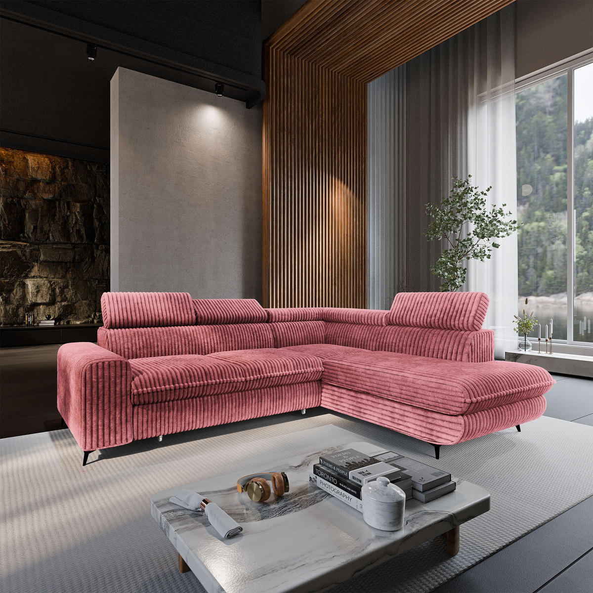 ECKSOFA VELISS Rosa Kordstoff mit Schlaffunktion - Rosa, Holz (255/193cm) - MASSENO