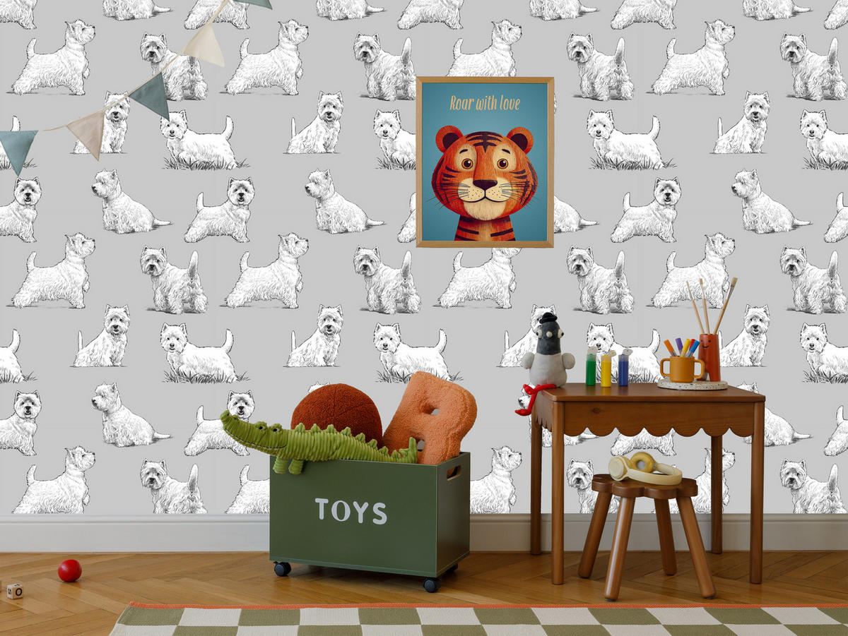 VLIESTAPETE Westie-Hunde – Grau, Weiß – 50x1000 cm - Weiß/Grau, Papier (50/1000cm) - Muralo