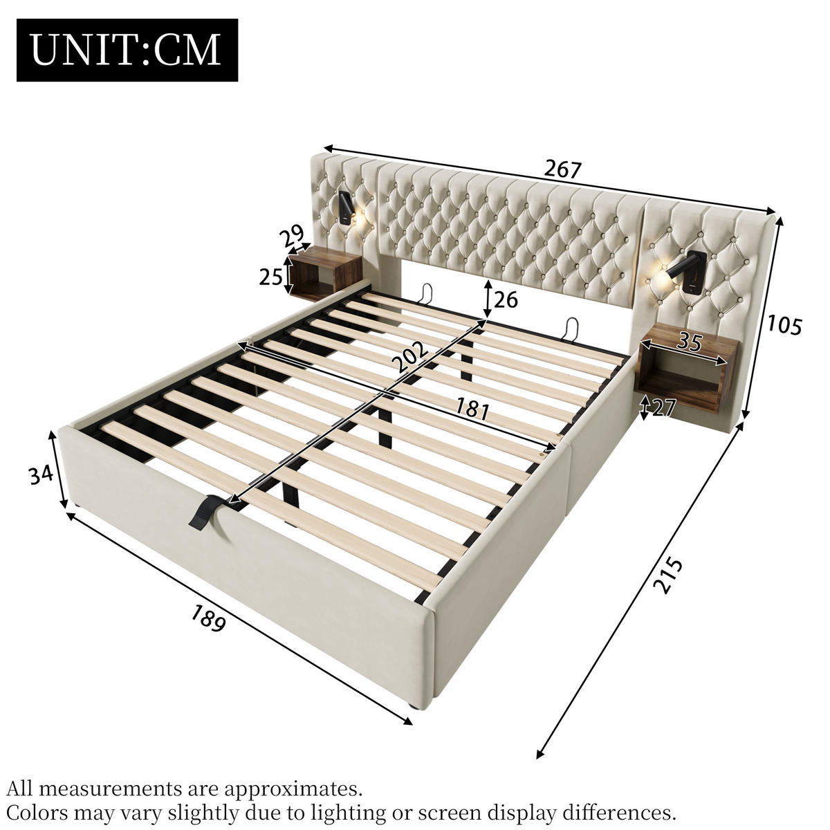 STAURAUMBETT 180/200 cm mit 2 Nachttischen und USB, DE-41544, in Beige - Beige, Metall (180/200cm) - ComfortXL