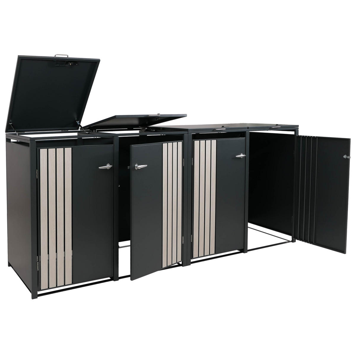 MÜLLTONNENBOX 4er mit Deckel HxBxT 122x250x84cm Anthrazit Holzoptik hell - Anthrazit, Metall (250/122/84cm) - PROREGAL