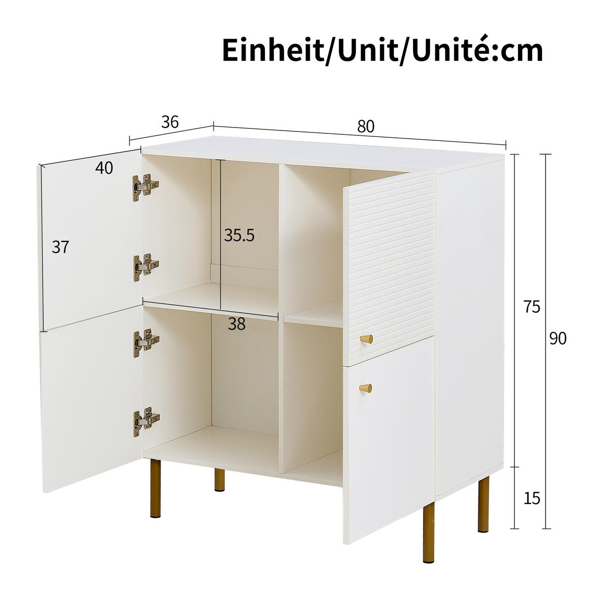 AUFBEWAHRUNGSSCHRANK in Weiß aus MDF mit Zinklegierungsgriffen und Stahlbeinen, minimalistisches Design, 80/36/90 cm - Weiß, Holzwerkstoff (80/90/36cm) - Redom