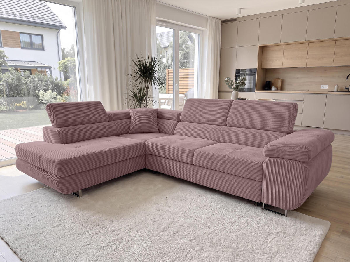 ECKSOFA L Form Konak Rosa 276/201/90 cm Links mit Schlaffunktion - Silberfarben/Rosa, Textil/Metall (203/276cm) - AX Living