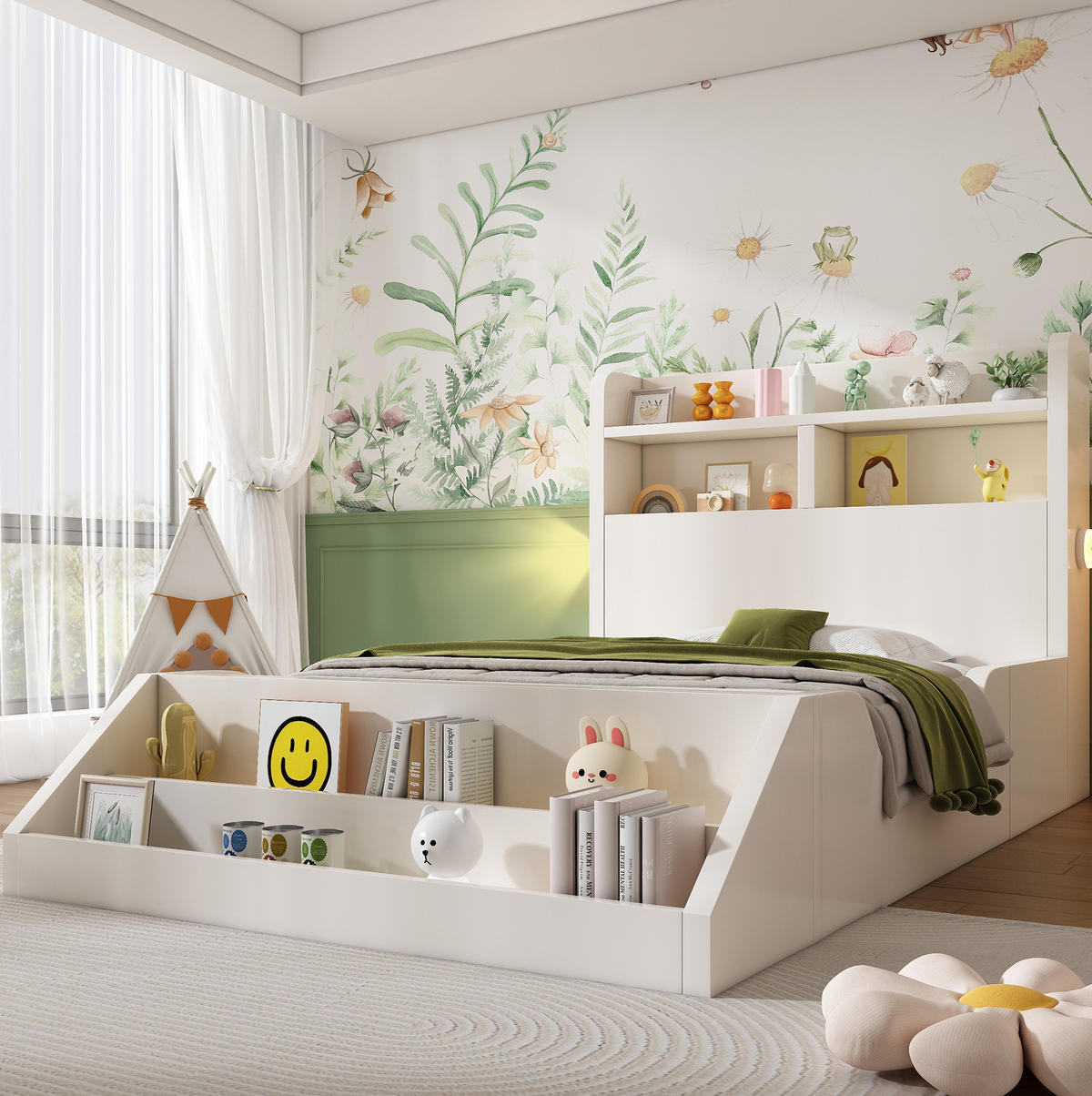 KINDERBETT aus Holz 90x200 cm Weiß mit Bücherregal, Ablagen und Nachtlichtern - Weiß, Holz (90/200cm) - IVMEU