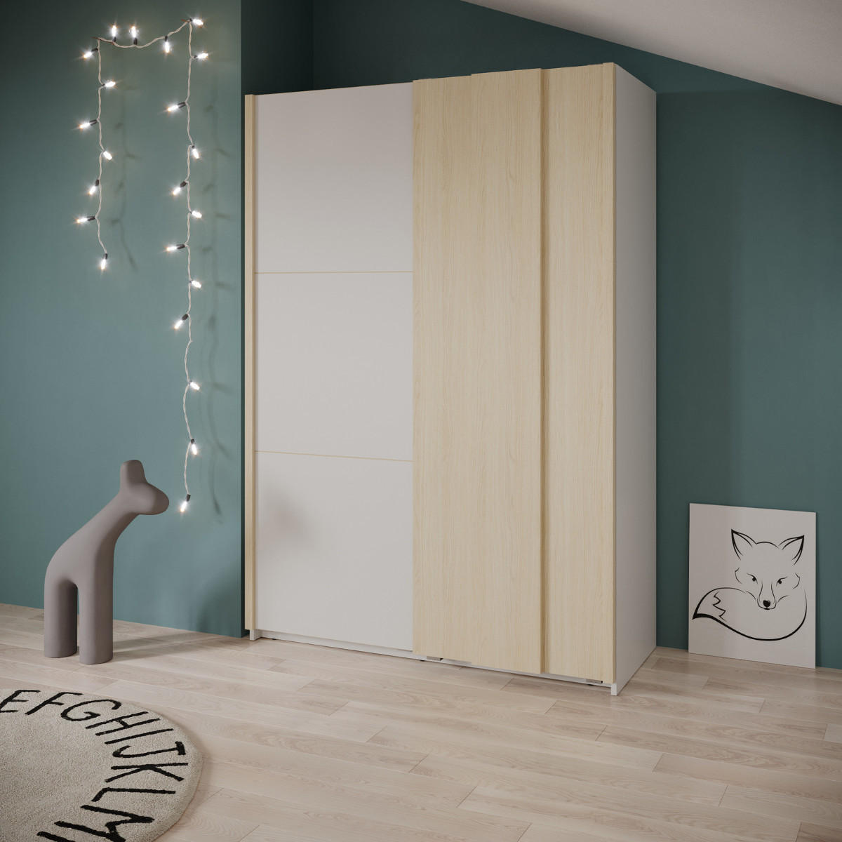 SCHRANK mit 2 Schiebetüren in Weiß und Eichenholz-Finish 140,1/64/203 cm - Weiß, Holzwerkstoff (64/203/67.7cm) - Calicosy