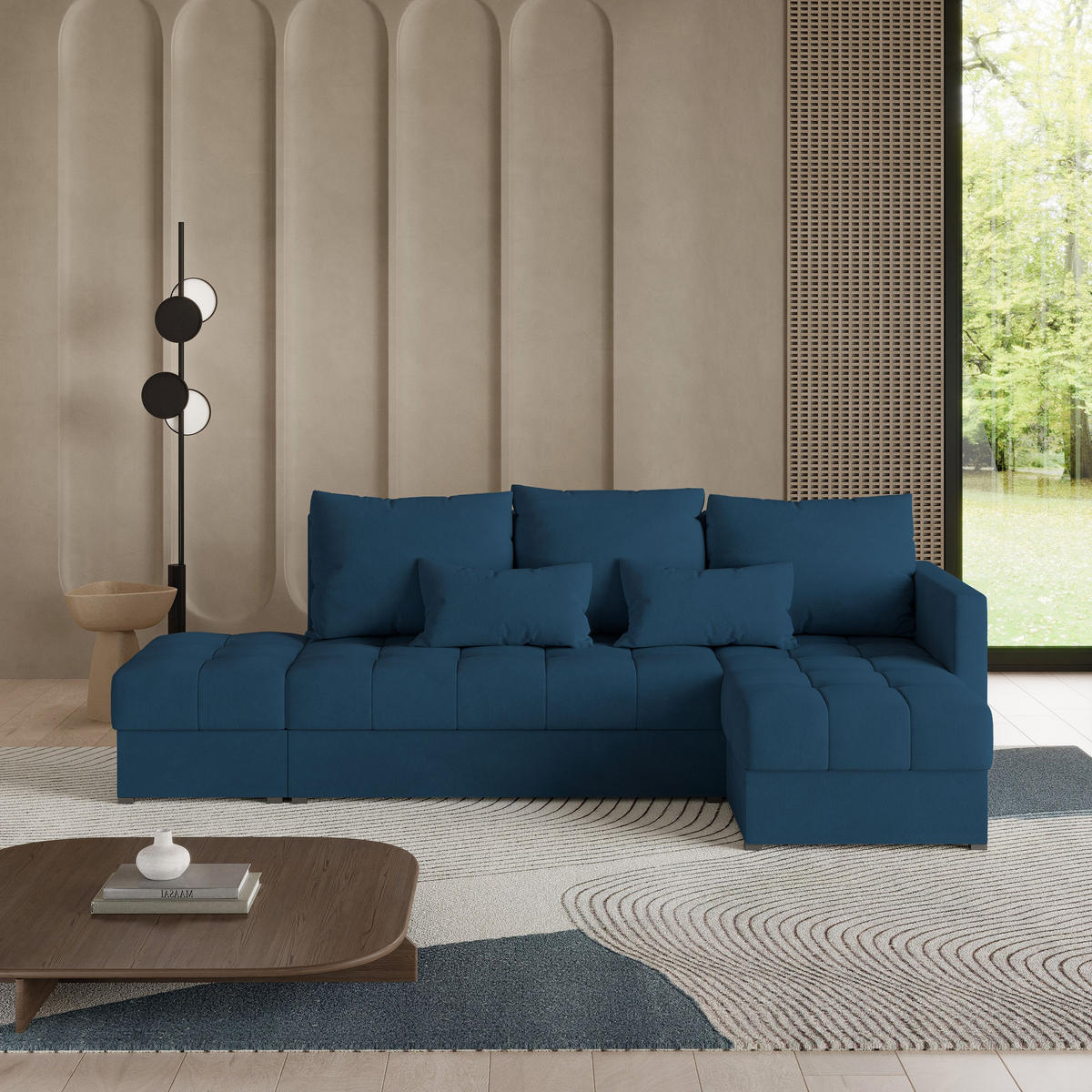 ECKSOFA LUMARI R-S Blau Plüsch-Stoff mit Schlaffunktion - Blau, Holz (262/143cm) - MASSENO