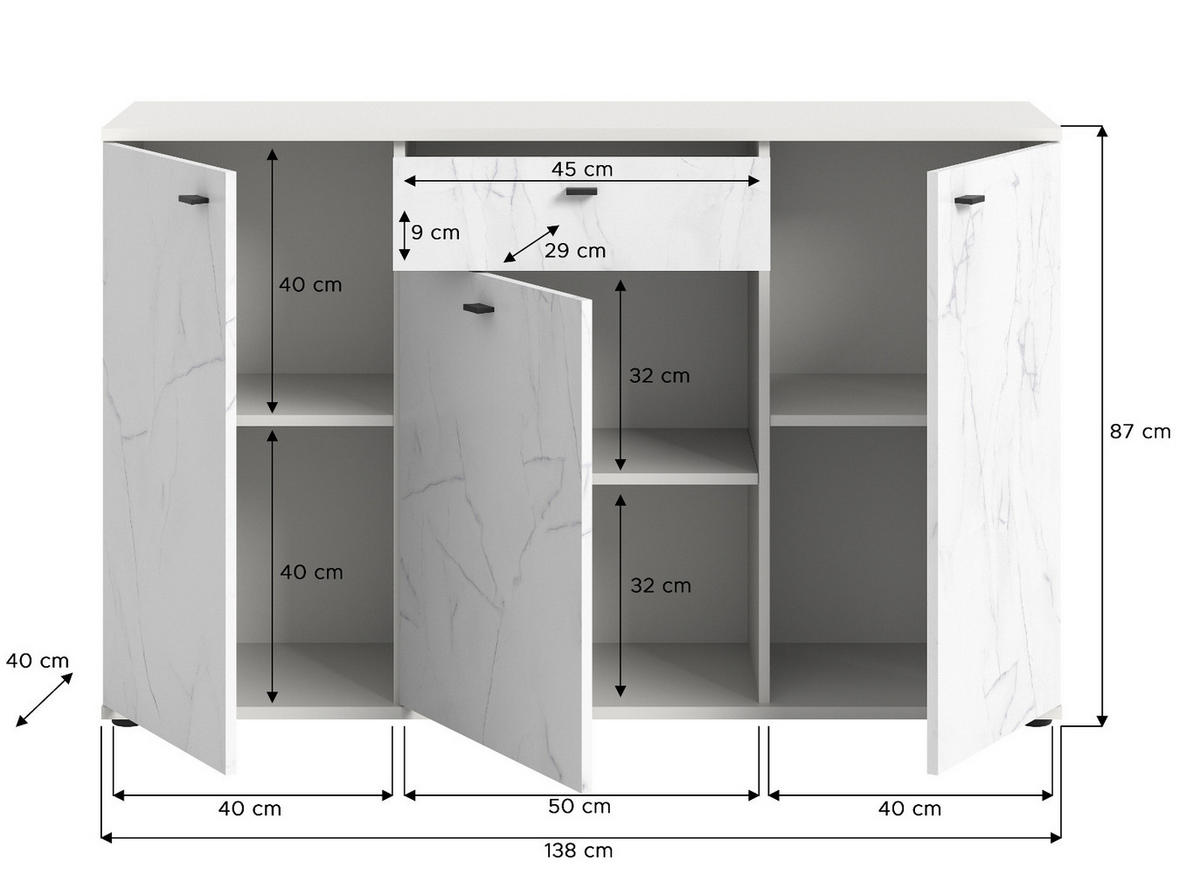 SIDEBOARD weiß Marmor 139 cm, Kommode mit Soft-Close - Schwarz/Weiß, Holzwerkstoff/Kunststoff (138/87/40cm) - Inn.Furn