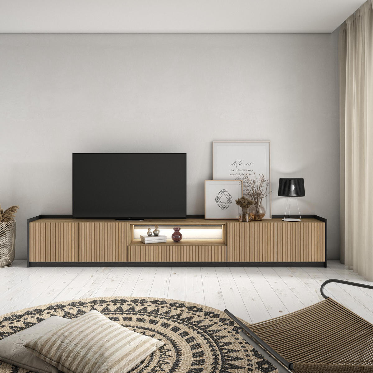 LOWBOARD, Eiche und Schwarz, 310/37/50cm, Led - Eichefarben, Holzwerkstoff (310/50/37cm) - Skraut Home