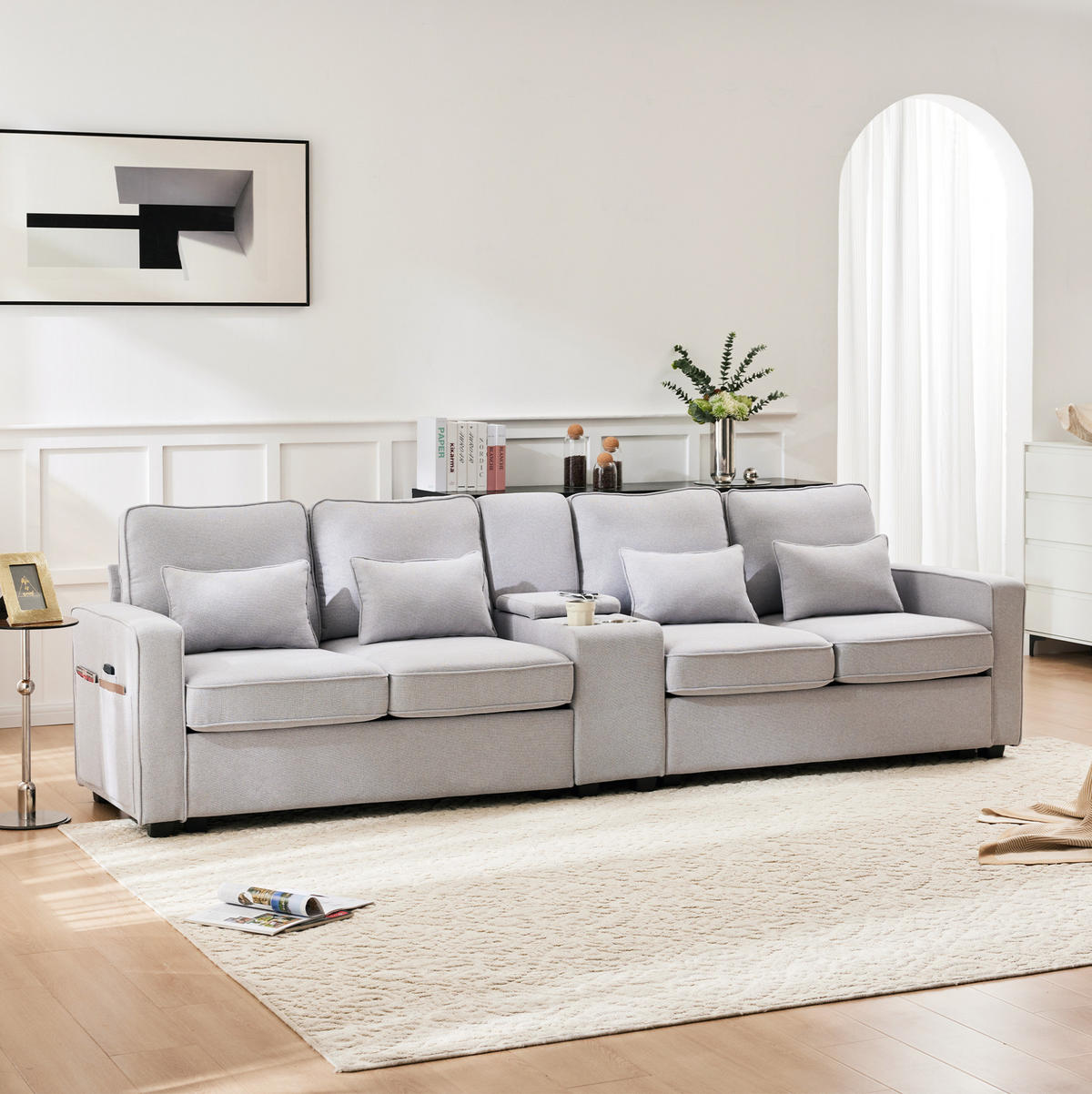 4-SITZER Sofa 290/88/83 cm Grau aus Leinen mit USB-Anschluss und Getränkehaltern - Hellgrau, Textil (83/88/290cm) - OKMYHOME
