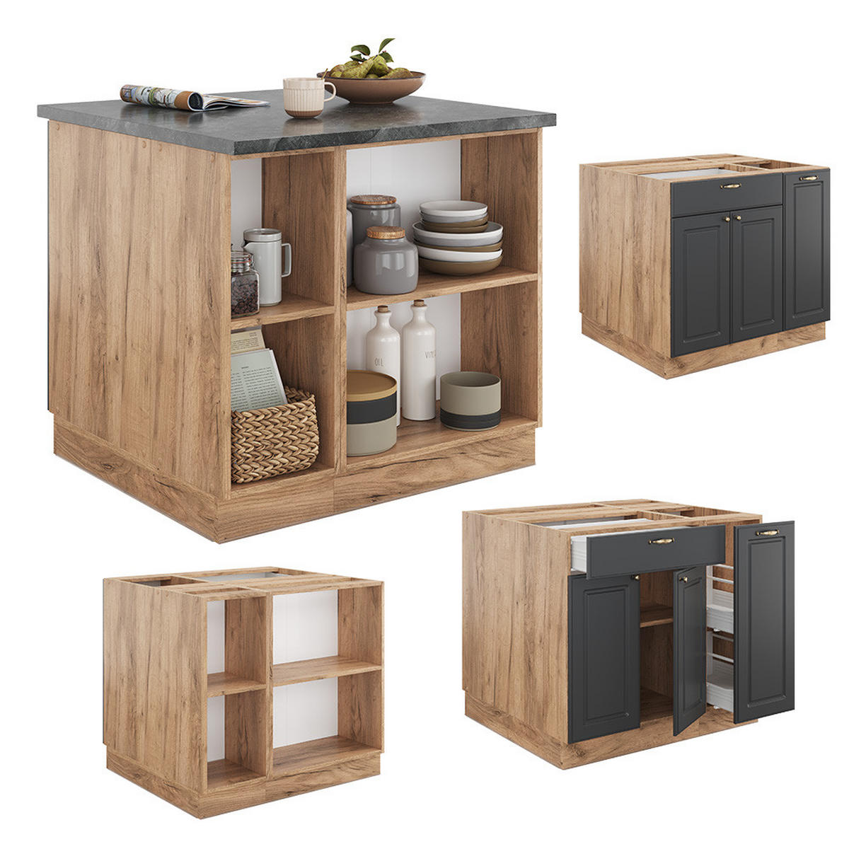 KÜCHENINSEL Fame-Line Anthrazit Landhaus/Goldkraft Eiche 90 cm ohne AP - Honigeiche/Anthrazit, Holzwerkstoff (90/82/60cm) - Vicco