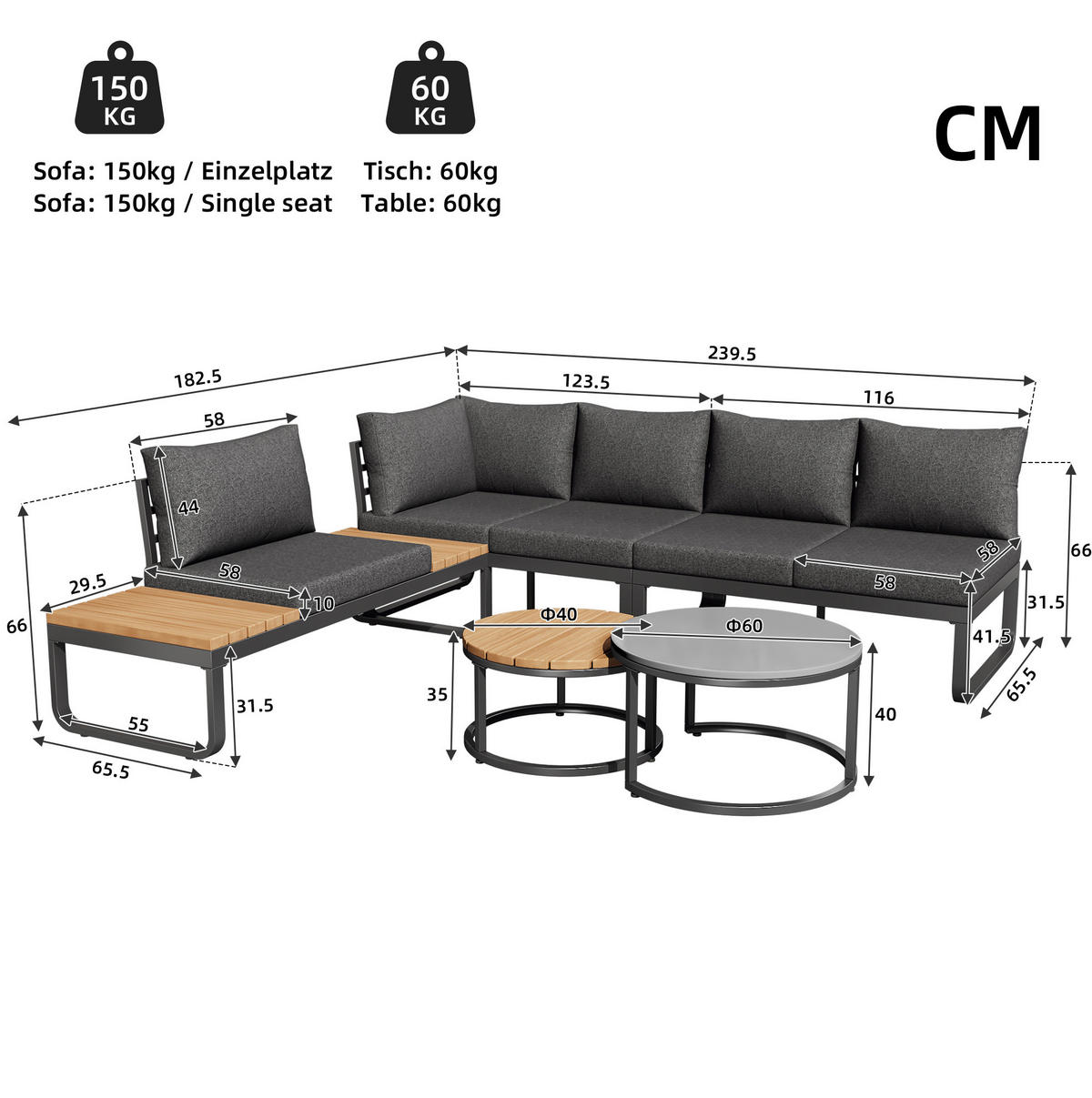 GARTENMÖBEL-SET 123,5/58/66 cm mit 2 Sofas, Sessel, 2 Tischen, verzinktem Eisen und verstellbaren Füßen, Grau - Grau, Metall - Redom