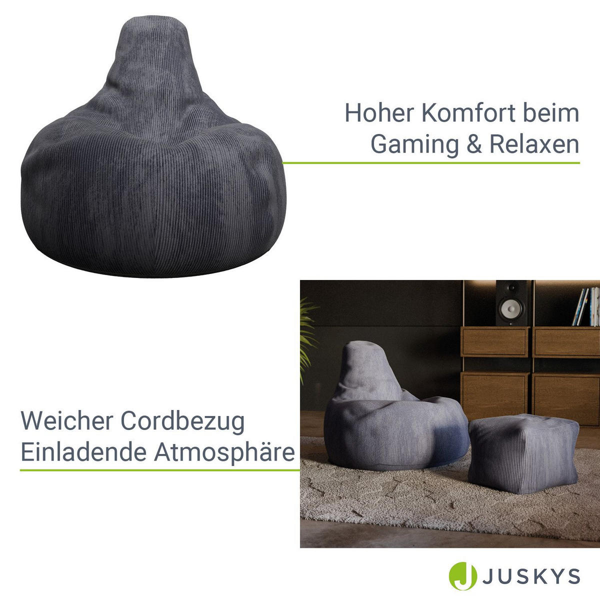SITZSACK Chillex mit Hocker L Cord dunkelgrau - Dunkelgrau, Textil (75/84/79cm) - Juskys