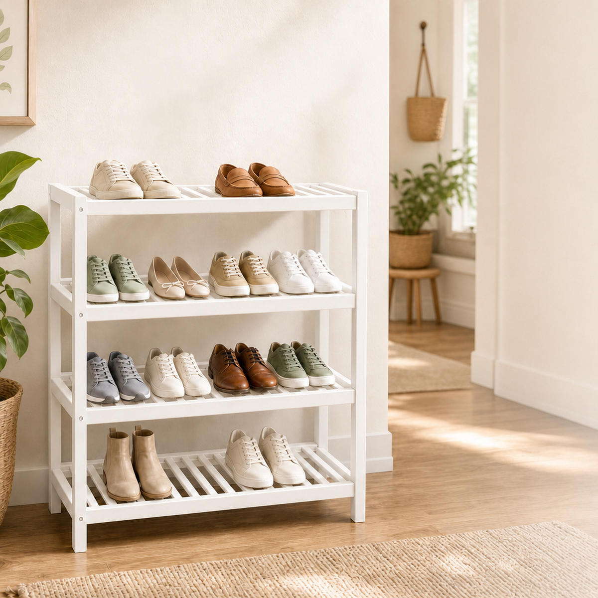 SCHUHREGAL Weiß Bambus 4 Ebenen - Weiß, Holz (70/75.5/24.5cm) - Relaxdays