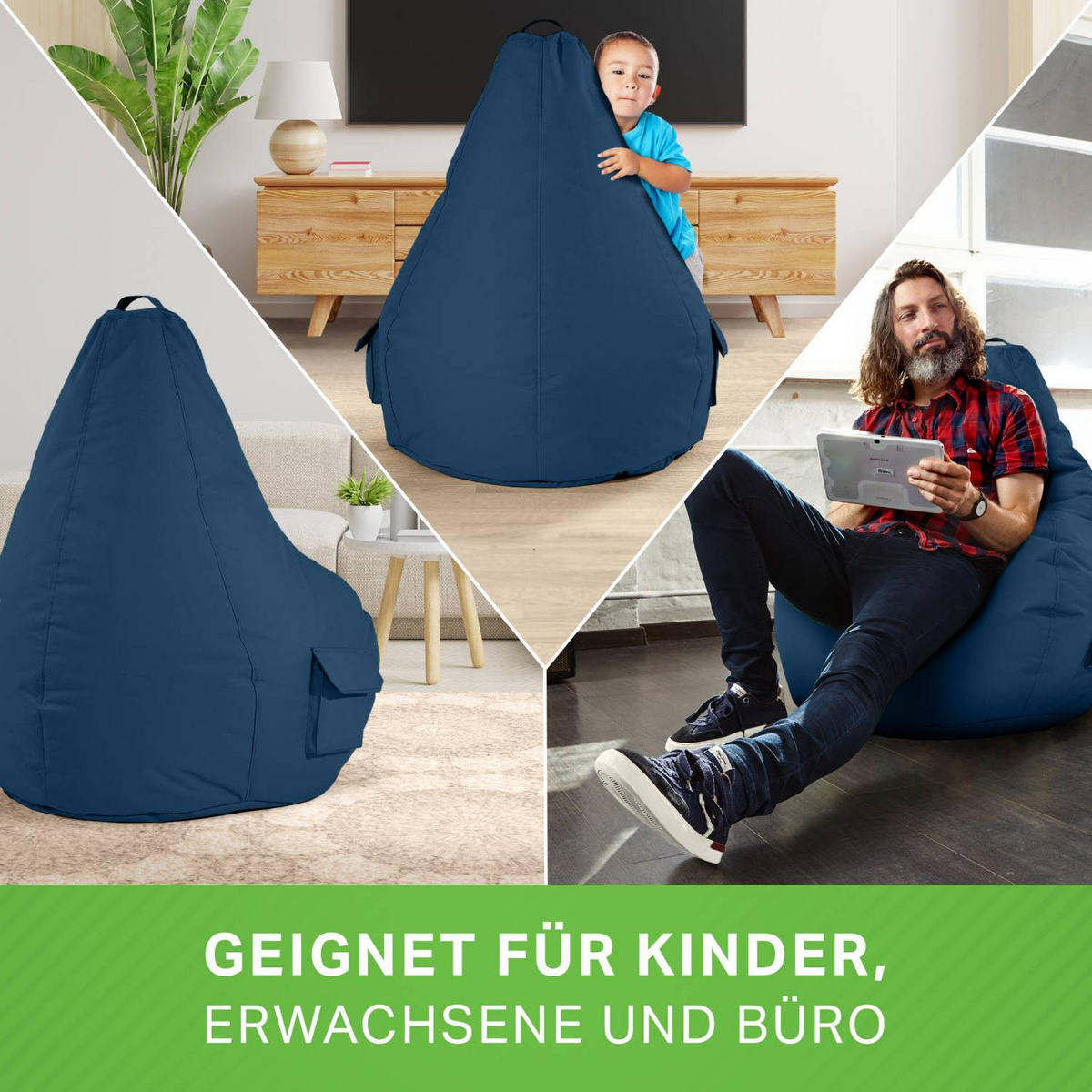 SITZSACK + Hocker "Cozy+Cube" 2er Set - Dunkelblau, Textil (70/90/80cm) - Green Bean