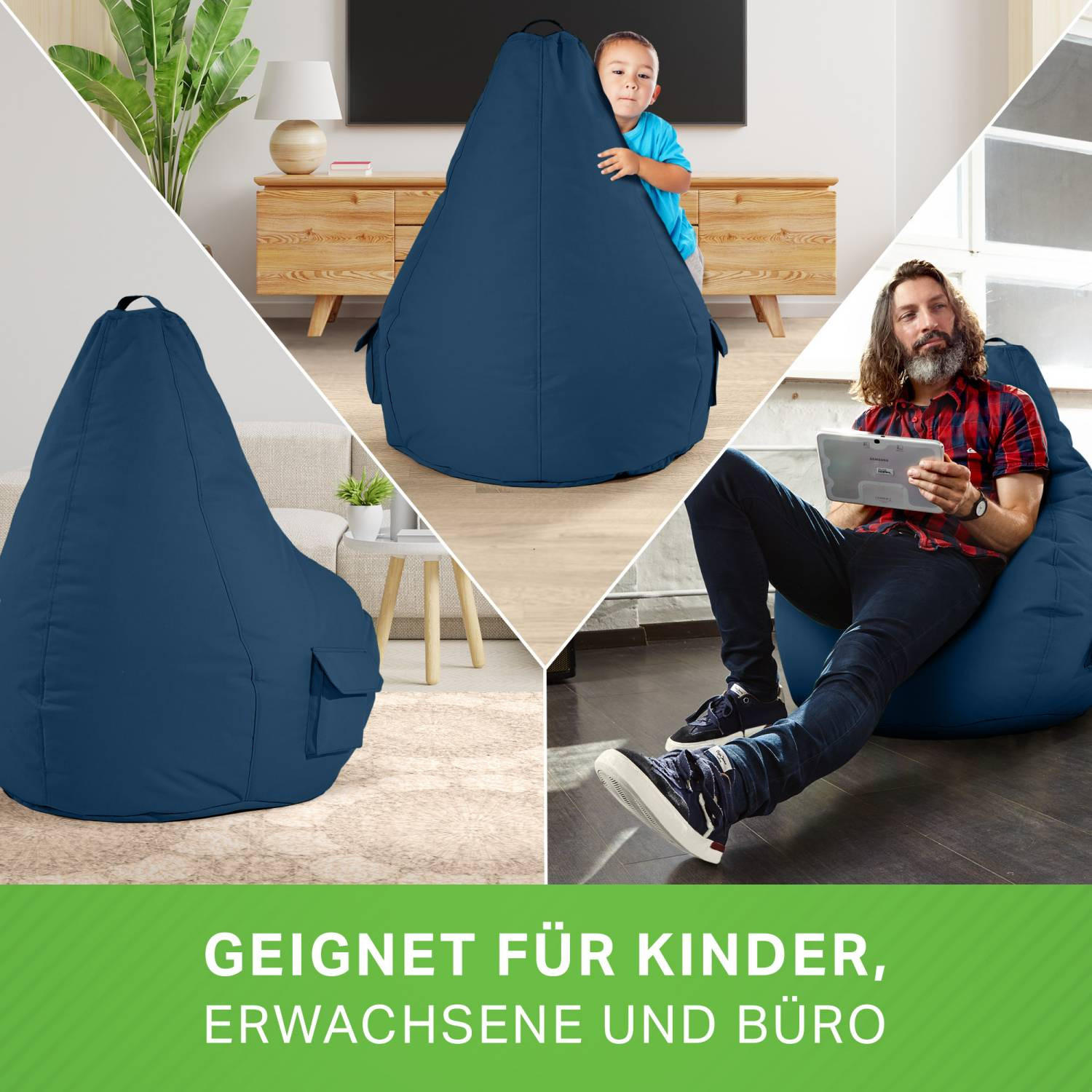 Thumbnail - Green Bean Sitzsack, Dunkelblau, Textil, Füllung: Styroporkugeln, Oval, 70x90x80 cm, Hergestellt in Deutschland, Wohnzim...